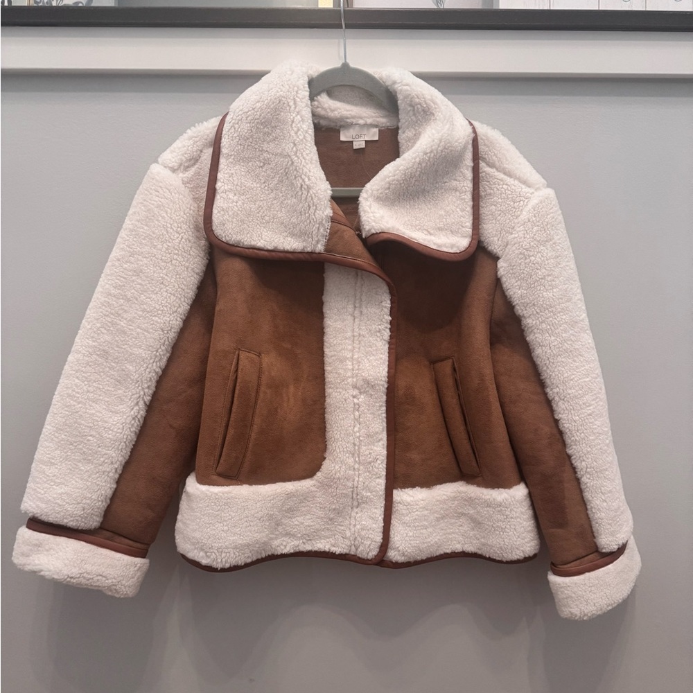 LOFT Cream and Brown Faux Shearling Moto Jacket NWT - Picture 4 of 8